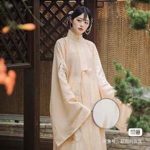 Apricot color embroidered Ming dynasty Chinese hanfu duijin shan